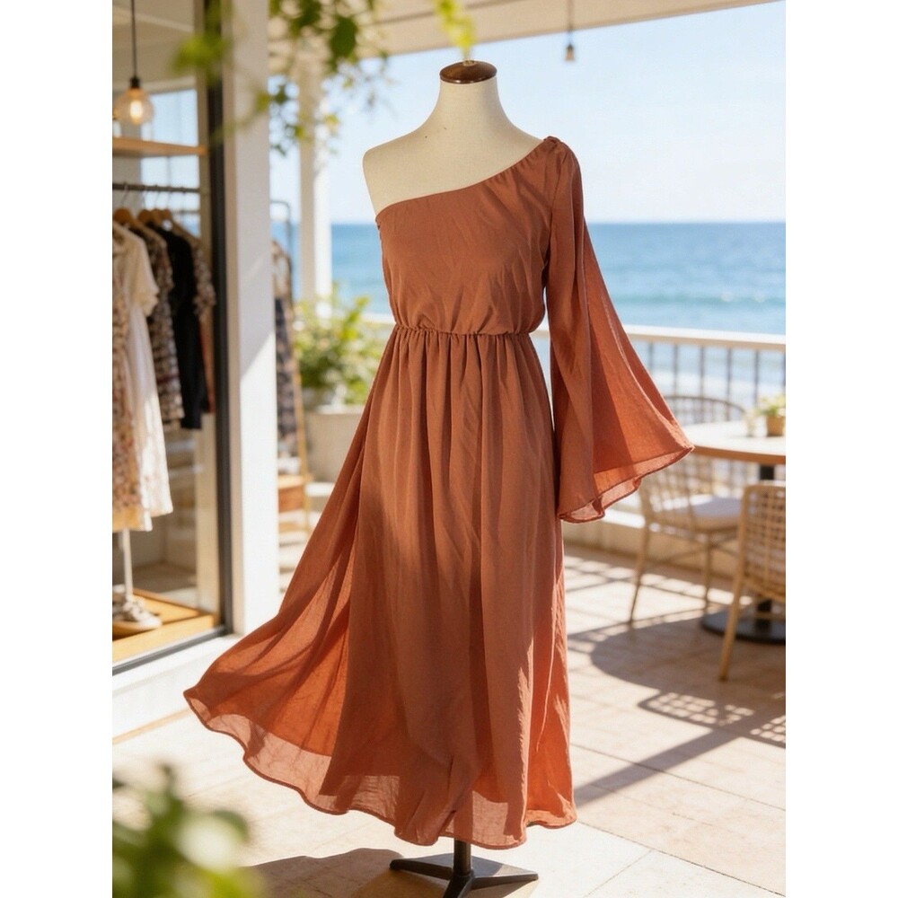 Alythea One Shoulder Dress Women's Size Medium Brown Maxi Wedding Flowy Lined